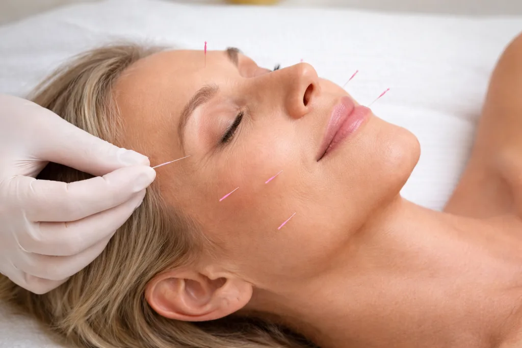 Cosmetic acupuncture facial session for anti-aging and skin rejuvenation at AcuEsthe